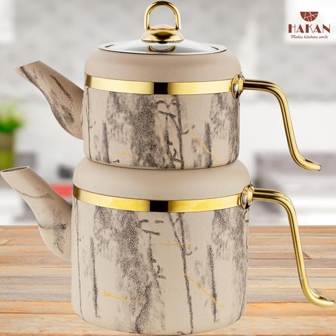Hakan Melody Turkish Tea Pot Set | 3.5 L Tea Kettles for Stovetop with Stainless Steel Handless and Glass Lid | Aluminum Body Tea Maker | Double Stovetop Kettles with Granite Cover (cream)