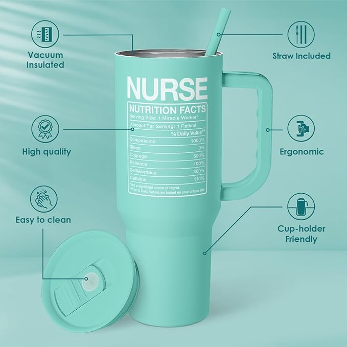 Nurse Gift Tumbler 40oz with Handle and Straw – Nutrition Facts Insulated Stainless Steel Travel Coffee Mug for Nursing Friends - Gifts for Nurse Week, Appreciation, Birthday, Christmas