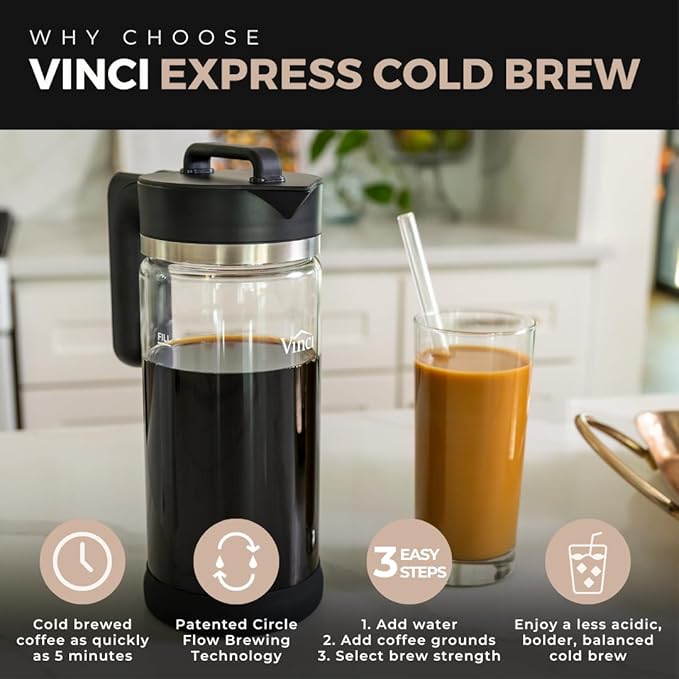 VINCI Express Cold Brew, Electric Cold Brew Coffee Maker in 10 minutes, Glass Carafe, 4 Brew Strength Settings & Cleaning Cycle, Easy to Use & Clean 1.4 Liters Push Button Control