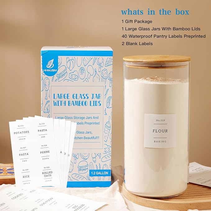 1.2 Gallon Large Glass Grain Storage Container With Airtight Bamboo Lid - Kitchen Glass Storage Jars With 42 Pantry Labels - Thicken Big Clear Rice and Flour Containers For Your Pantry