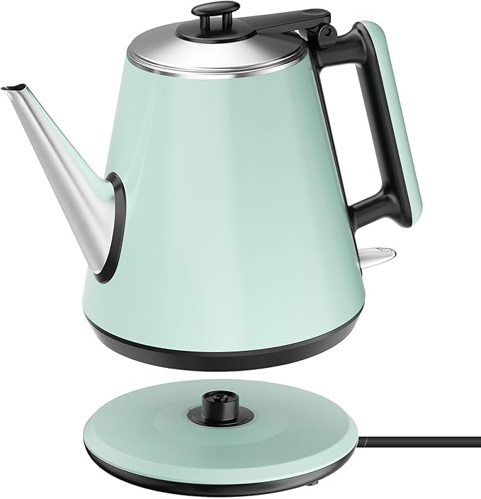 Small Electric Kettle 0.9L, 304 Stainless Steel Inner, 1000W Fast Boiling in 4-6 Mins, Vintage Compact Design with One Key Operation, Auto Shut Off, Dry Boil Protection, for Home, Office, Coffee Etc.