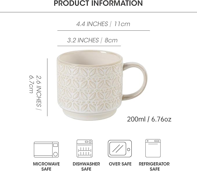 6 Oz Coffee Mugs with Stand - Stackable Ceramic Espresso Cups Set of 4, Embossed Coffee Cups, Porcelain Cappuccino for Latte, Cocoa, Mocha, Tea, Dishwasher Safe, 3 inch