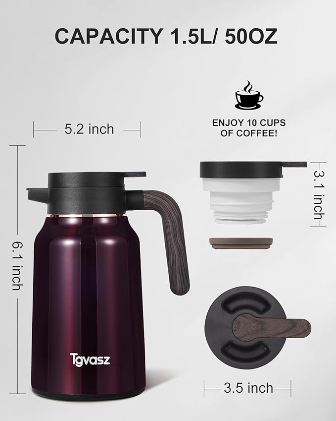 Carafes for Hot Liquids 51 oz - 12 Hour 2 PCS Stainless Steel Thermal Coffee Carafe-Insulated Coffee Carafes For Keeping Hot/Cold Coffee, Tea, Water, 1.5 Liter Beverage Dispenser(red/red)