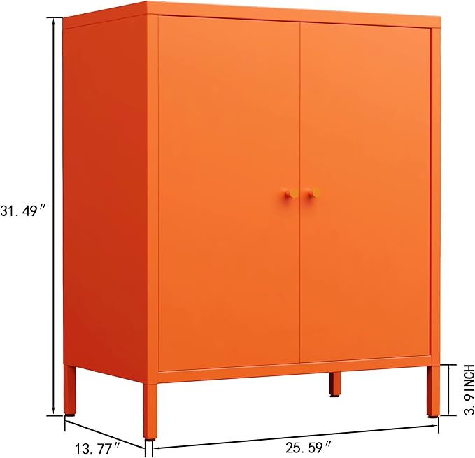 Small 2 Transparent Door Metal Storage Side Buffet Cabinet for Bed Room,Living Room,Entryway,Hallway,Home,Hotel,Office,Garage,Kitchen,1 Removable Shelf. (Metal Door, Orange)
