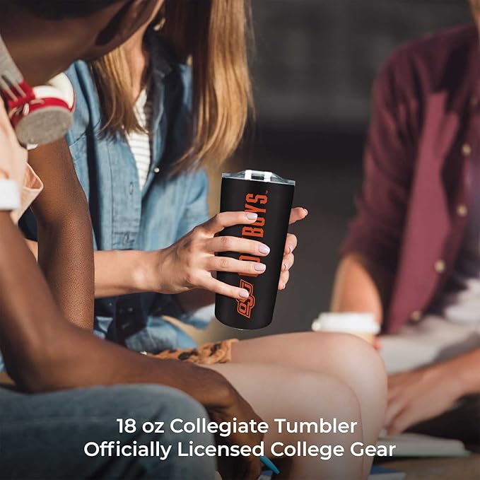 Campus Colors NCAA Stainless Steel Tumbler perfect for Gameday - 18 oz - Double Walled - Keeps Drinks Perfectly Insulated (Oklahoma State Cowboys - Black)