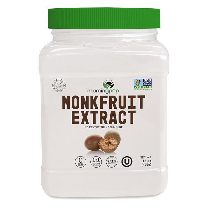 Morning Pep 100% Pure Monk Fruit extract sweetener, No Erythritol, Monkfruit Extract Powder, NON-GMO Project Verified, Keto Certified, OU kosher, No Fillers Zero Calories | Over 1,350 Servings | 15 oz