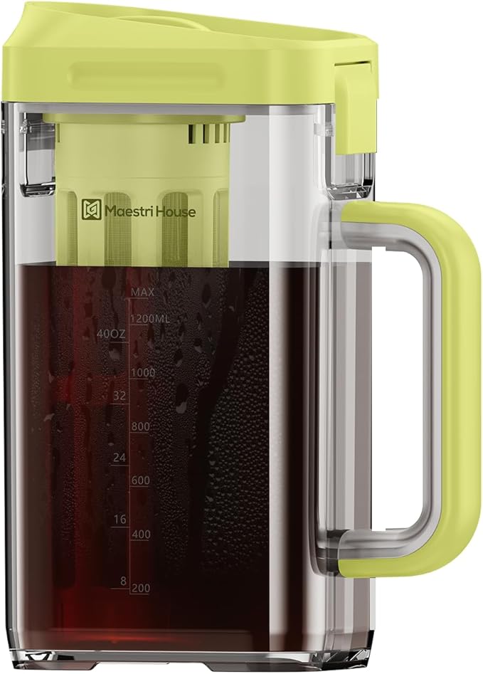 Maestri House Cold Brew Coffee Maker, 40oz Iced Tea and Coffee Maker Brewer Space Saving Tritan Pitcher, 350 Mesh Filter, 100% Leak-Proof