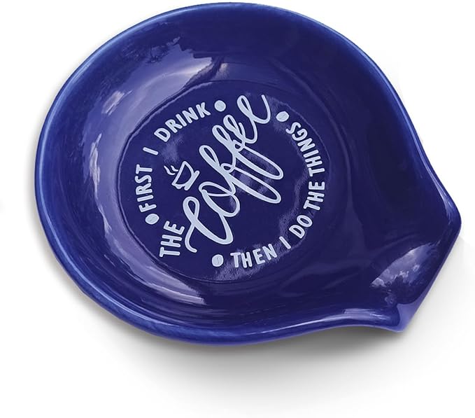 Funny Coffee Quote First I Drink The Coffee Then I Do The Things Ceramic Spoon Holder-Navy Blue Coffee Spoon Rest -Cafe Station Bar Accessories