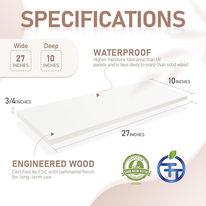 Kaboon 27 inch Long 10 inch Deep Floating Shelves for Wall Set of 2, Large Open Shelves Wall Mounted, Space Saving Home and Commercial Use, White