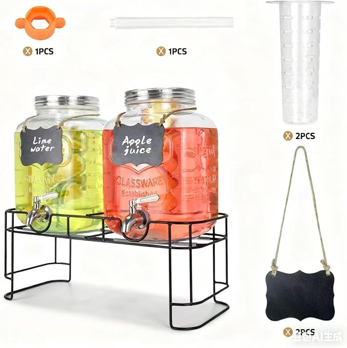 1 Gallon Glass Drink Dispensers For Parties 2PACK.Beverage Dispenser,Glass Drink Dispenser With Stand And Stainless Steel Spigot 100% Leakproof.Lemonade Dispenser With Ice Cylinder.Laundry Detergent