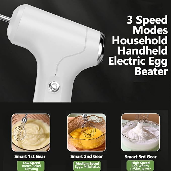 SEIWEI Electric Handheld Mixer with 2 Stirring Rods Household Electric Egg Beater 3 Speed Modes for Whipping Mixing Pudding Cookies Cakes Batters USB Rechargeable
