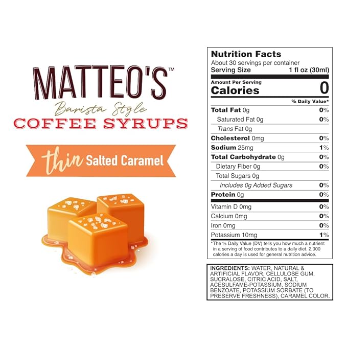 Matteo's Salted Caramel Syrup for Coffee, Lattes, Cappuccinos & Desserts – Sugar-Free Sweetener for Beverages, Keto Friendly, Zero Calories, Indulgent Flavor, Non-Alcoholic, 33.8oz (6pk)