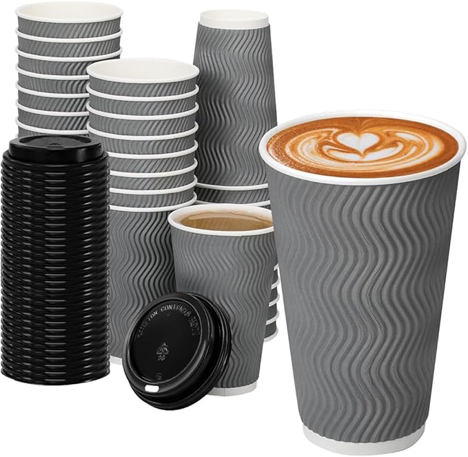 16 oz Coffee Cups with Lid, 500 Pack Disposable Coffee Cups Insulated Ripple Paper Cups for Water, Juice, Coffee (Gray 16 oz)
