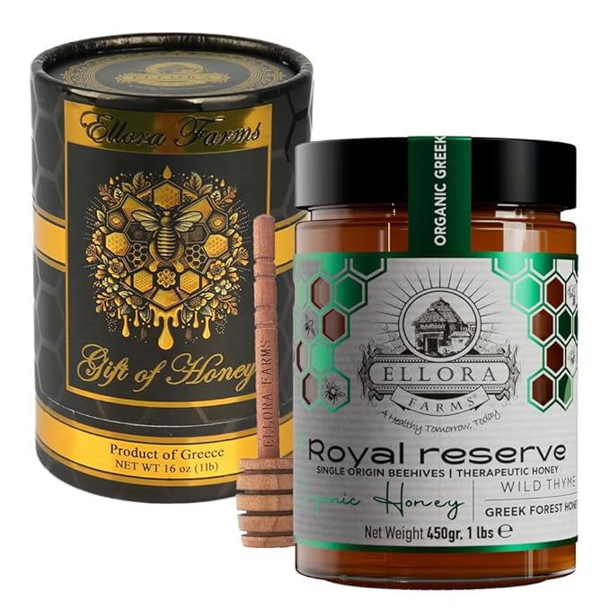 Ellora Farms Organic Greek Honey, Wild Thyme, Raw Unfiltered, Preservative and Additive Free, 2025 Paris and Dubai Gold Awards Winner, Gift Pack with Dipper - 450g (16oz)
