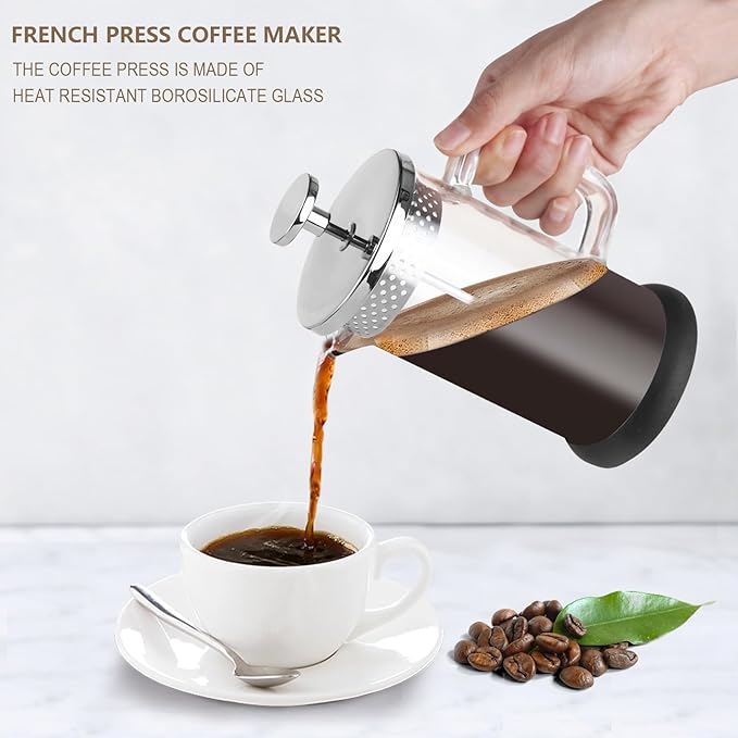 Mini French Press Coffee Maker-304 Stainless Steel Grilles, Borosilicate Glass Small Coffee Press,Non-slip Silicone Base-12 oz /350 ml with 2 Filter Screen-2 Cup Teapot