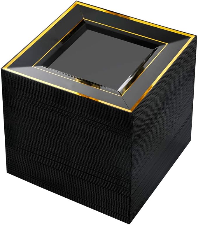 bUCLA 100PCS Black Square Plastic Plates with Gold Rim - 6 inch Disposable Dessert/Appetizer/Small Cake Plates for Party, Graduation & New Year