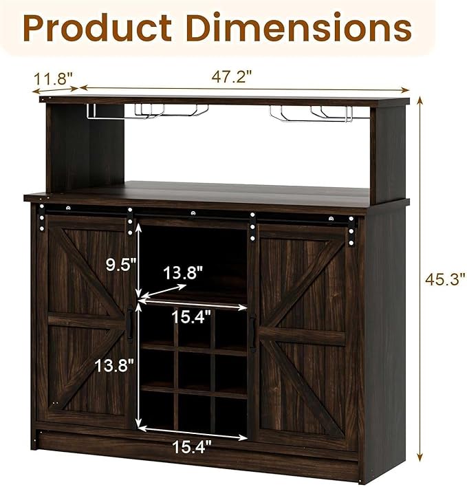 4ever2buy Farmhouse Coffee Bar Cabinet with LED Light & Mirror, 47” Buffet Cabinet with Sliding Barn Door,Coffee Bar with 4 Glass Hooks & 9 Wine Racks for Kitchen Dining Living Room, Brown