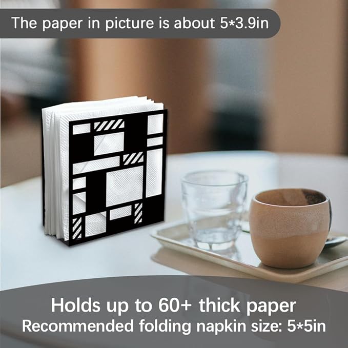 Modern Checkered Decorative Black Metal Napkin Holder for Table, 5.3" x 4.9" x 1.9" Geometric Cutout Standing Napkin Holder for Home Kitchen Restaurant Picnic Party Coffee Bar Dining Room