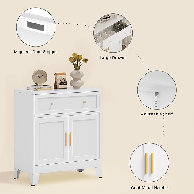 Metal Sideboard Cabinet, Buffet Storage Cabinet, Coffee Bar with Big Drawer and Adjustable Shelf for Kitchen, Dining Room, Living Room (White, 35.4" H-Sideboard)