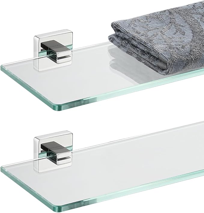 JQK Bathroom Glass Shelf, Floating Tempered Glass Shower Storage 20 by 5 inches, 304 Stainless Steel Polished Chrome Wall Mount 2 Pack 2 Pack, TGS201L20-CH-P2