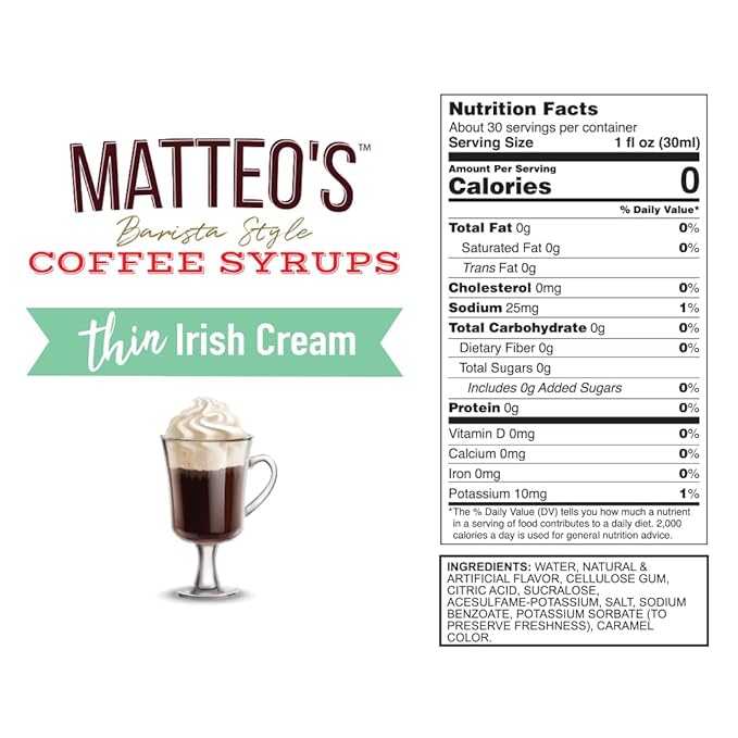 Matteo's Irish Cream Syrup for Coffee, Lattes, Cappuccinos & Desserts – Sugar-Free Sweetener for Beverages, Keto Friendly, Zero Calories, Indulgent Flavor, Non-Alcoholic, 33.8oz (6pk)