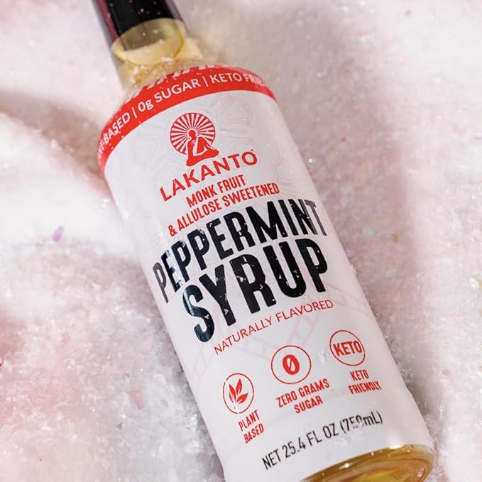 Lakanto Peppermint Simple Syrup - Perfect for Coffee, Tea, Lattes, Smoothies, Cocktails, Holiday Drinks, Baking, Monk Fruit Sweetener with Allulose Zero Sugar, Keto Diabetic Friendly (25.4 Fl Oz)