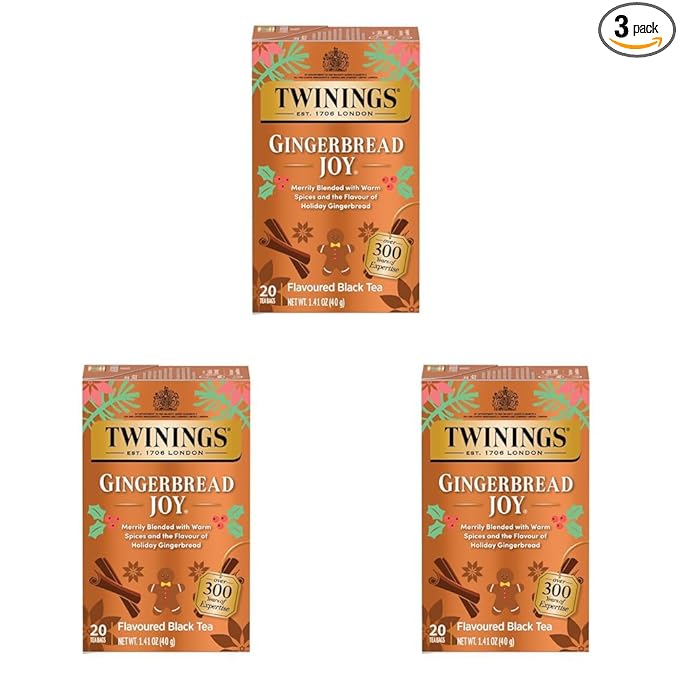 Twinings Gingerbread Joy Black Tea Individually Wrapped Bags, 20 Count (Pack of 3), Ginger & Cinnamon, Caffeinated, Enjoy Hot or Iced | Packaging May Vary