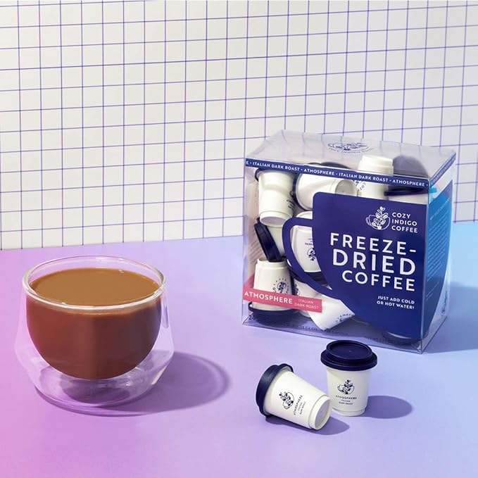 COZY INDIGO COFFEE - ATMOSPHERE Italian Dark Roast Instant Freeze Dried Specialty Coffee, 24 Capsules, 100% Arabica, Enjoy Cold or Hot, Perfect for Travel and On The Go