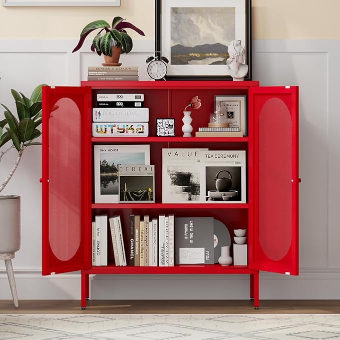 Metal Storage Cabinets with Doors and Shelf, Modern Accent Cabinet with High Feet, Display Cabinets with 2 Mesh Doors, Red Dresser for Home, Office, Living Room,Dining Room,Hallway and Entryway