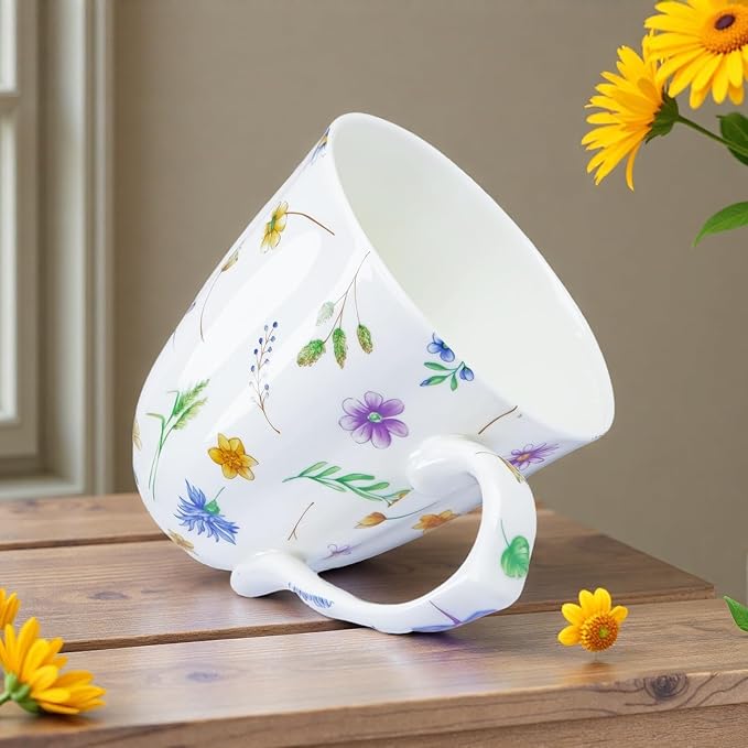 14oz Bone China Coffee Mug Floral Bone Mug Cute Coffee Mug Teacup for Women Mom Friend (flower with grass)