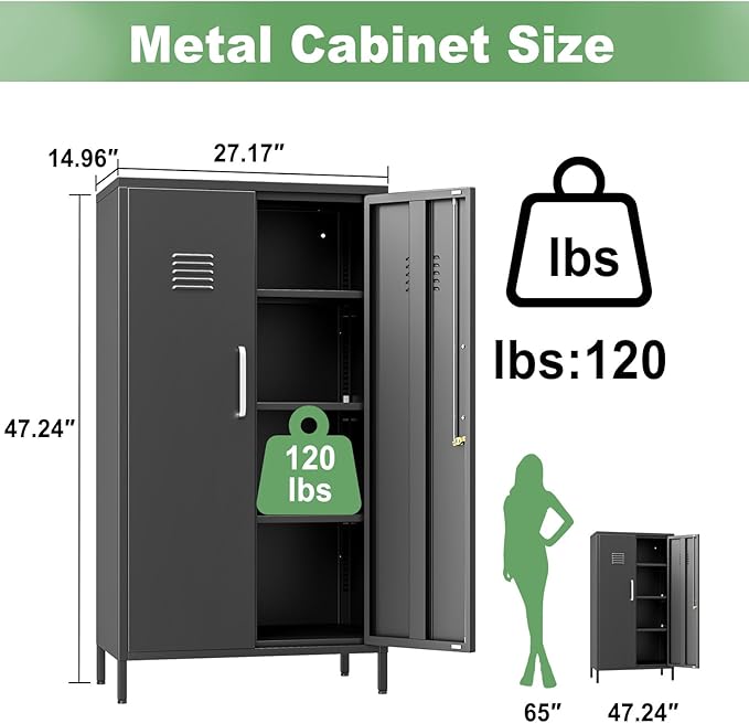 Narrow Storage Cabinet 51.18" H Bathroom Cabinet Metal Pantry Cabinets, 3 Adjustable Shelves for Kitchen, Home Office, Living Room, Dinning Room (30 inches Wide Black)