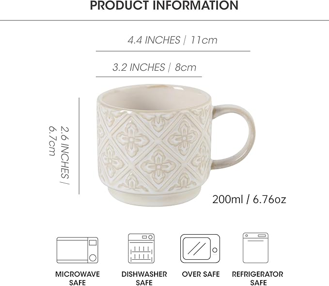 6 Oz Coffee Cups with Stand, Stackable Espresso Cups Set of 4, Ceramic Cappuccino Cup, Embossed Coffee Mugs for Latte, Cocoa, Mocha, Tea, Housewarming Wedding Present, Dishwasher Safe