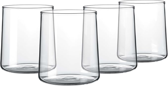 Joseph Sedgh Collection Clear Glass Tumbler Set of 4 – 16.5 oz Borosilicate Drinking Glasses – Durable, Lead-Free, Dishwasher Safe – Modern Water, Juice, Cocktail Glasses