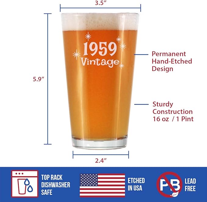 Vintage 1959 Pint Glass for Beer - 66th Birthday Gifts for Men or Women Turning 66 - Fun Bday Party Decor - 16 oz