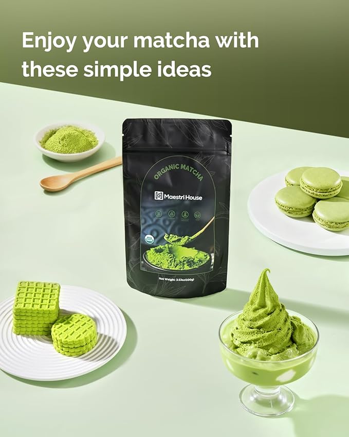 Maestri House Premium Matcha Green Tea Powder, First Harvest Culinary Grade, 100% Pure Unsweetened Organic, Rich Flavor for Tea, Lattes, Baking & Desserts, Non-GMO, Vegan (3.53oz/100g)