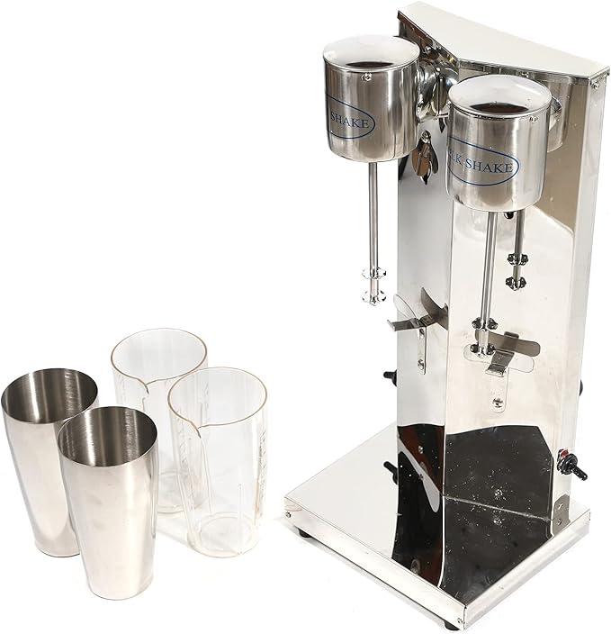 Electric Milk shaker 18000RMP Double Head Stand Mixer 180W 110V Commercial Stainless Steel Drink Mixer Machine 650ml Smoothie Malt Blender w/2Pcs PP Cup (Double Head)