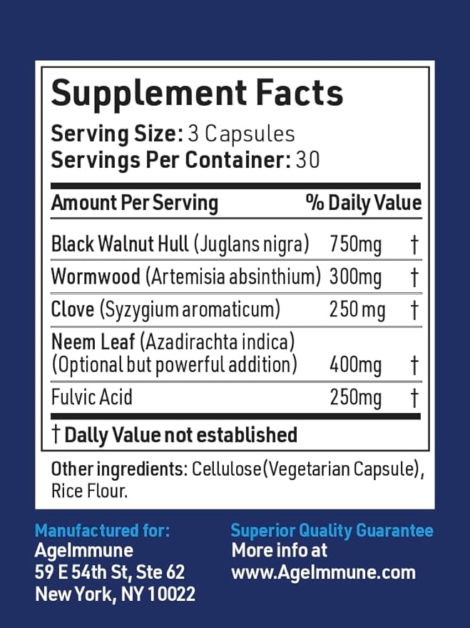 AgeImmune ImmuneG.I. Wormwood Black Walnut Clove Neem Fulvic Acid- Intestinal Cleanse Formula Doctor Formulated to Support Gut Health and Detox - No Stearates, No Dioxides – 90 Capsules