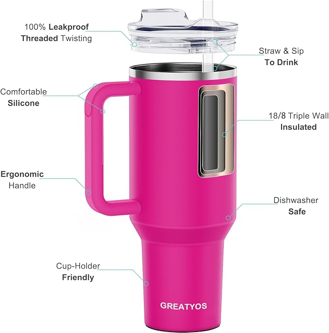 40 oz Tumbler with Handle and Straw Lid Insulated Tumblers Cups with Lids Straws Double Wall Vacuum Leak Proof Stainless Steel 40oz Tumbler Travel Mug Gifts for Men Women Him Her (Camelia)