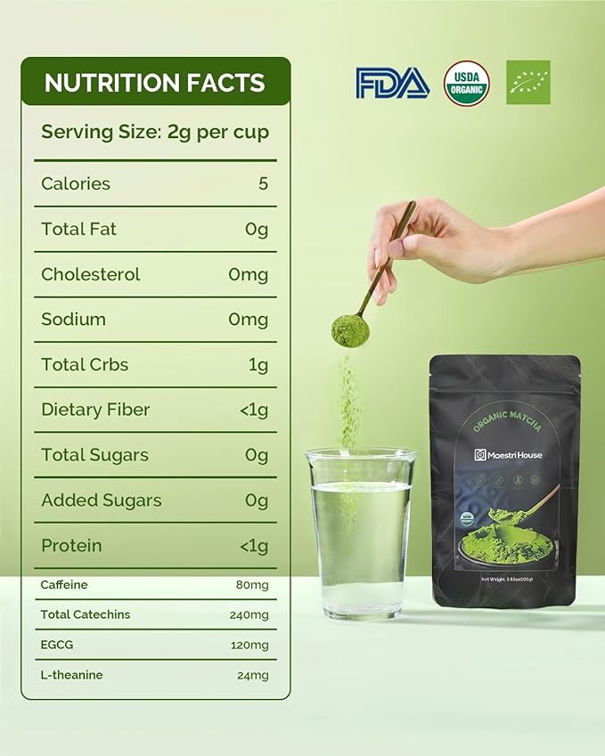 Maestri House Premium Matcha Green Tea Powder, First Harvest Culinary Grade, 100% Pure Unsweetened Organic, Rich Flavor for Tea, Lattes, Baking & Desserts, Non-GMO, Vegan (3.53oz/100g)