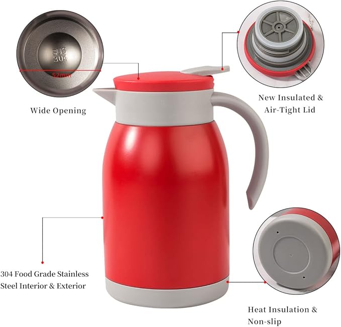 Stainless Steel Thermal Coffee Carafe, Double Walled Vacuum Water and Beverage Dispenser, 12 Hour Heat Retention, 27OZ /800ML (Red)