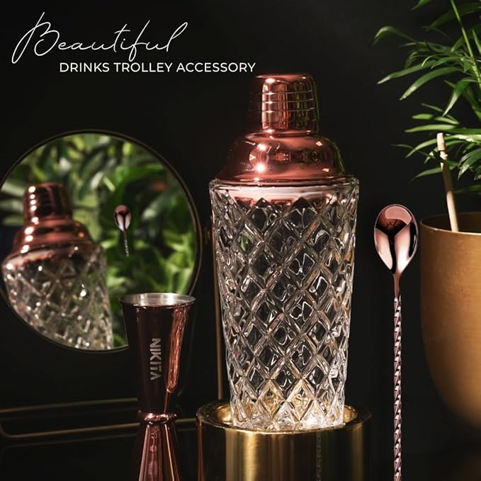 Glass Cocktail Shaker Set - 5 Piece - Rose Gold Martini Shaker Set with Strainer, Jigger, Spoon & Muddler - 16 oz Drink Shakers Cocktail - Ideal Gift for Home Bar & Drink Trolley Décor