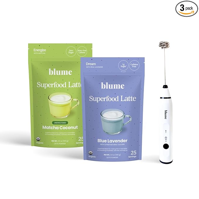 Blume Matcha & Blue Lavender Starter Pack - Organic Superfoods Booster for Lattes, Coffee & Smoothies - Vegan, Sugar and Gluten Free - Includes Frother - 50 Servings