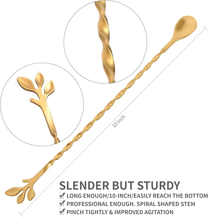 AnSaw Gold 10-Inch Stainless Steel Cocktail Spoon with Leaf Handle - Perfect for Mixing & Layering Drinks in Tall Cups, Bar & Shakers - Durable Long Handle Bar Stirrer,2-Pieces