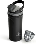 Ideus Protein Shaker Bottle 24oz(710ml) Insulated Stainless Steel Shaker Bottle with Silent Tritan Ball Portable Pre Workout Shaker Cups for Protein Shakes, Smoothies, Cocktails, Black