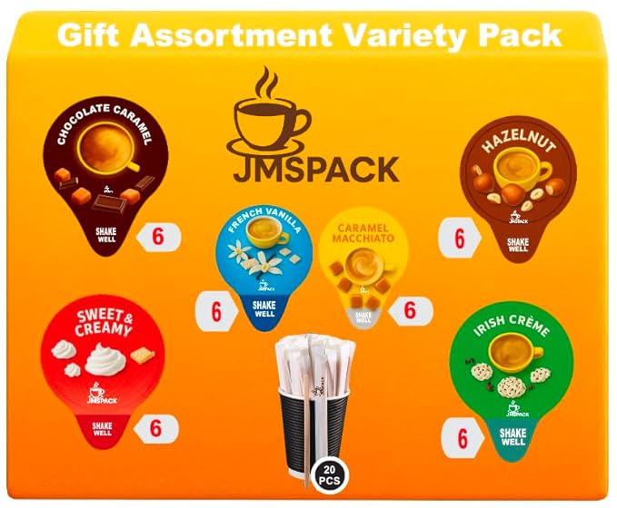Coffee Creamer Single Serve Variety Pack, Gift Assortment Box, French Vanilla, Irish Cream, Caramel Macchiato, Sweet Cream, Chocolate Caramel, Hazelnut (Box of 48ct/ 6 Different Flavor), for Home, Office, Coffee, Bar, Gift.