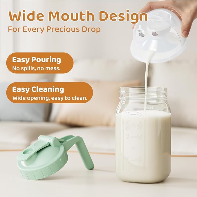 Breast Milk Pitcher, Mason Jar 32 oz, Heavy Duty Wide Mouth Jar with Green Flip Cap Lid and Pour Spout, Airtight Seal for Freshness and Convenience, Great for Cold Beverages and Home Entertaining