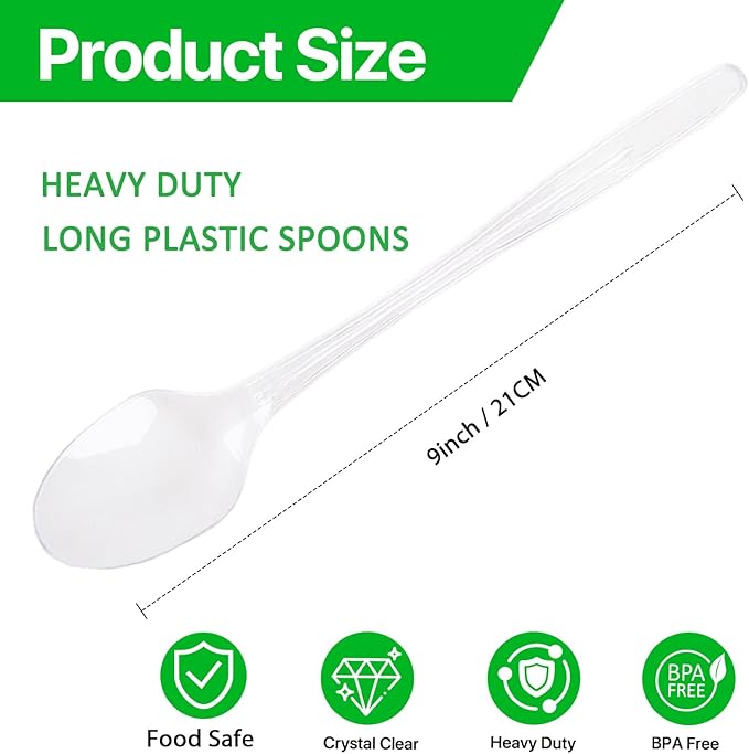Long Clear Plastic Spoons, 50Pcs Disposable Spoons Heavy Duty Teaspoons 9 Inch Long Handle Spoon for Stirring Ice Cream Milkshakes Stirring Cocktails and Tall Iced Beverages Party Supplies