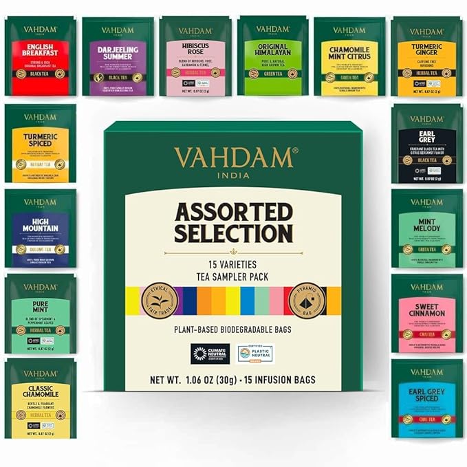 VAHDAM, Assorted Tea Sampler (15 Different Variety in Individually Wrapped Pyramid Tea Bags) Long Leaf Premium Teas I Tea Gift Set I Christmas Tea Gift Ideas for Tea Lovers