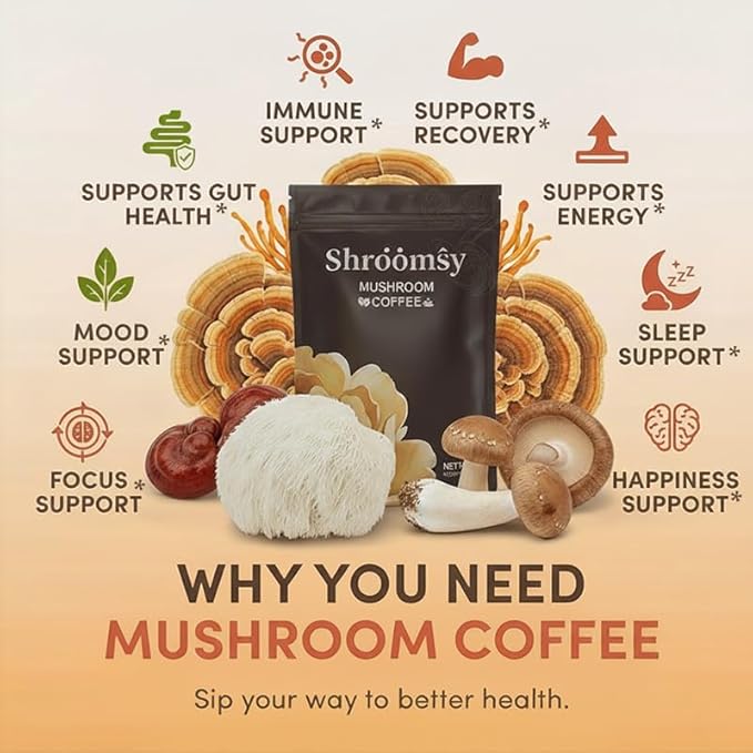 SHROOMSY Mushroom Coffee – 6 Adaptogenic Mushroom Superblend (Cordyceps, Reishi, Shiitake, Lion’s Mane, More) – With MCT Oil & Coconut Milk