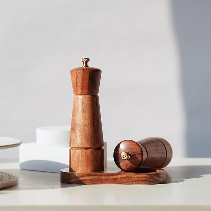 Salt and Pepper Grinder Set with Tray, Adjustable Ceramic Grinder Salt Mill, Stainless Steel Grinder Pepper Mill, Acacia Wood, 16.5 cm / 6.5inch Height, Bottom Dia 5 cm (Tray is Included)